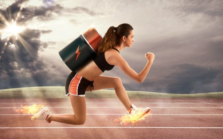 Athletic Woman Running Fast with a Battery on her Back