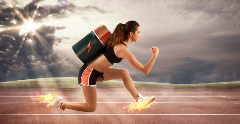 Athletic Woman Running Fast with a Battery on her Back