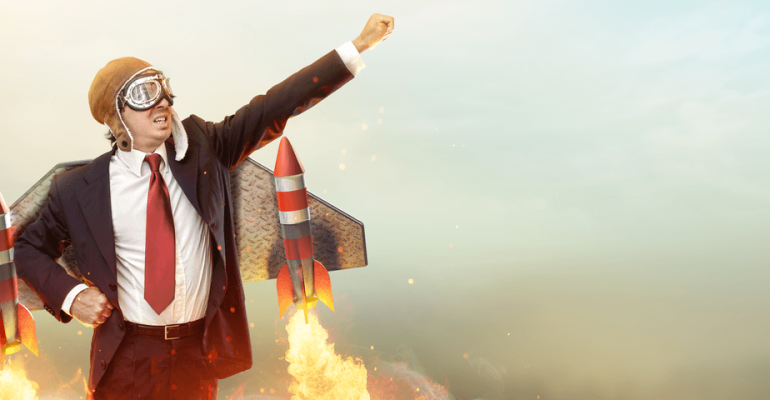 Businessman With Jetpack On His Back Boost Up Concept