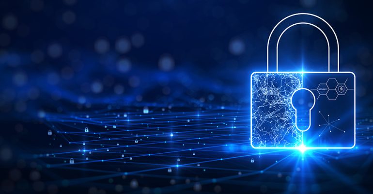 Blue lock icon floating on dark background, concept of cybersecurity