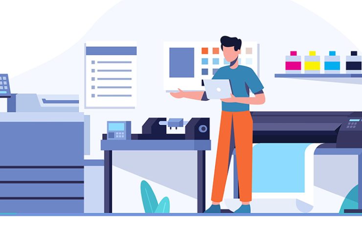 Illustration of man working with print publishing equipment