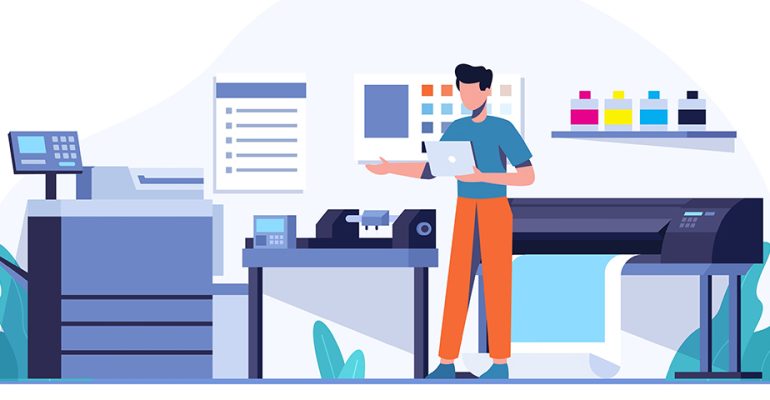 Illustration of man working with print publishing equipment