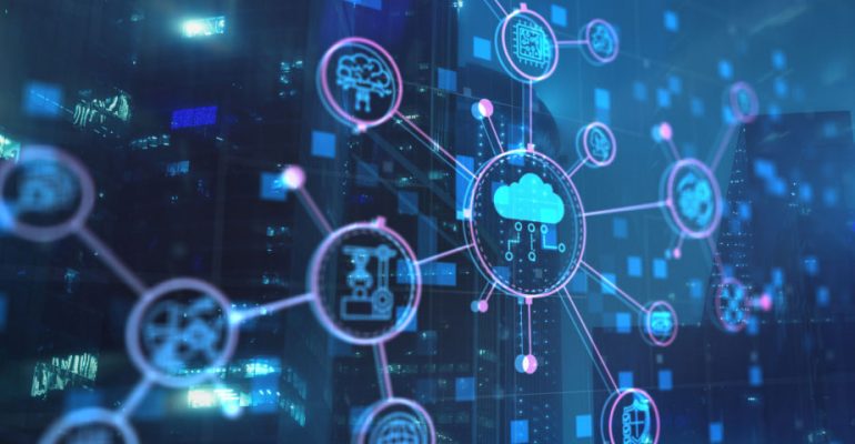 Illustration for concept of automated data exchange displaying networking and cloud computing icons that are interconnected