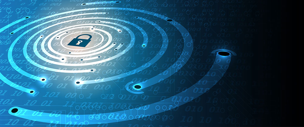 Illustration for concept of network security with padlock in center of swirling data points with binary code in the background