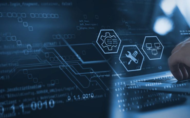 Hands typing on laptop with IT customer support icons displaying on the screen