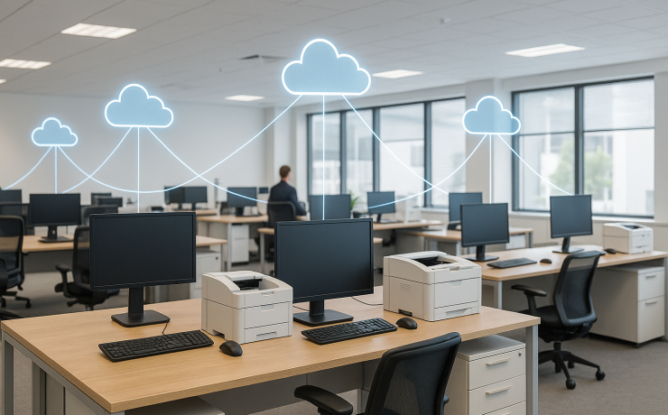Modern office with desks, computers, and printers connected to cloud icons by glowing digital lines, representing integrated technology and workflow.
