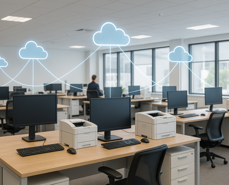 Modern office with desks, computers, and printers connected to cloud icons by glowing digital lines, representing integrated technology and workflow.