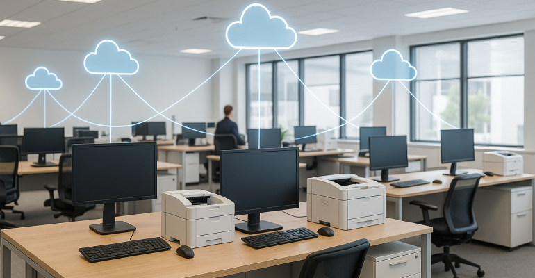 Modern office with desks, computers, and printers connected to cloud icons by glowing digital lines, representing integrated technology and workflow.