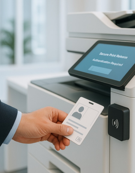 Man scanning into a printer using software that helps with print management