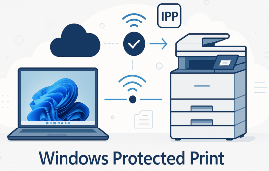 Illustration of Windows Protected Print showing a Windows laptop wirelessly connecting to a business printer through IPP.