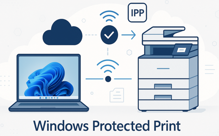 Illustration of Windows Protected Print showing a Windows laptop wirelessly connecting to a business printer through IPP.