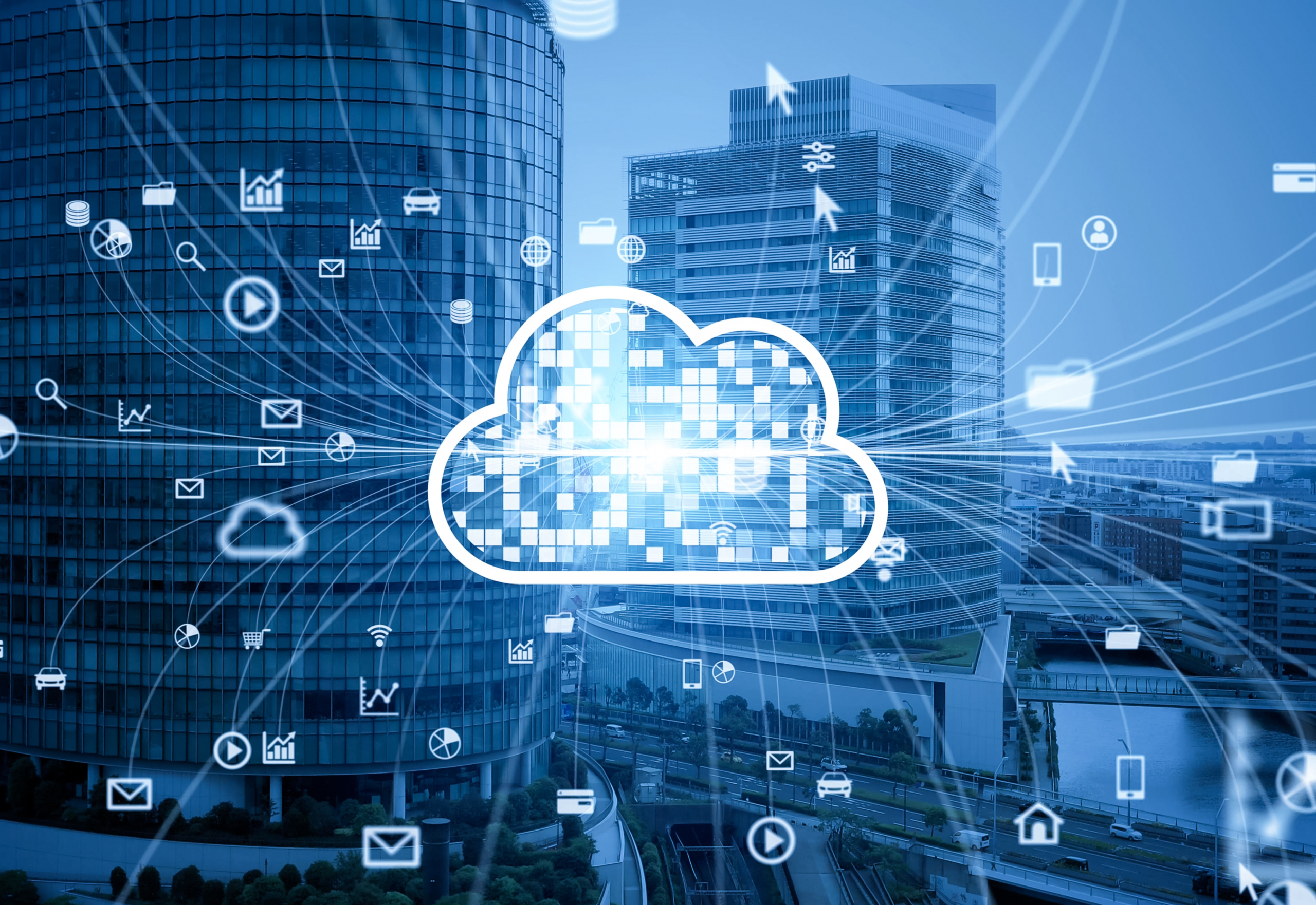 Illustration of cloud infrastructure connecting business systems, data, and applications across a modern office environment.
