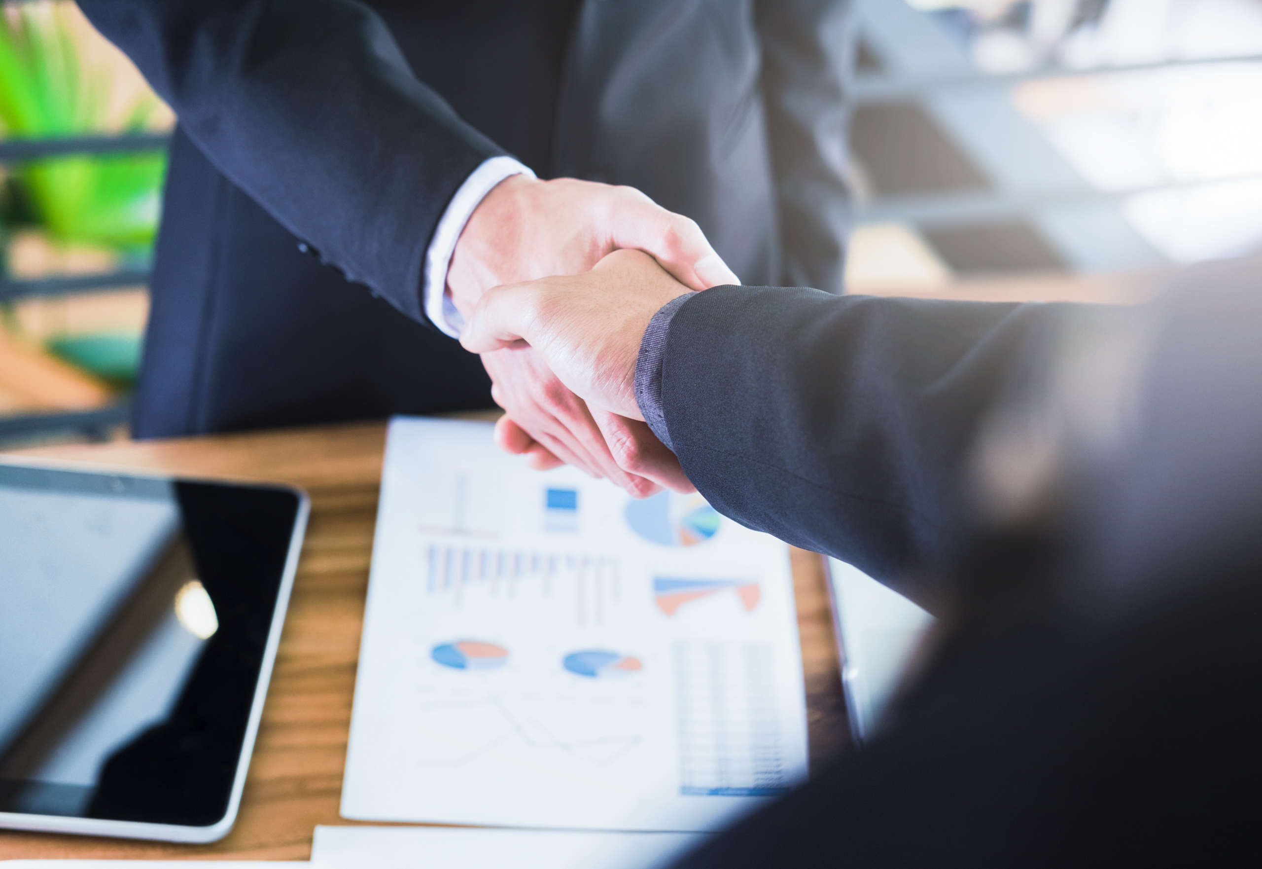 Two individuals shaking hands signifying a partnership. Technology Partners
