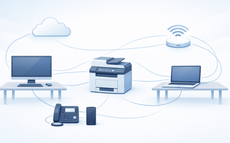 Illustration of a modern office network design with computers, printer, phones, Wi-Fi, and cloud applications connected in a simple workspace.