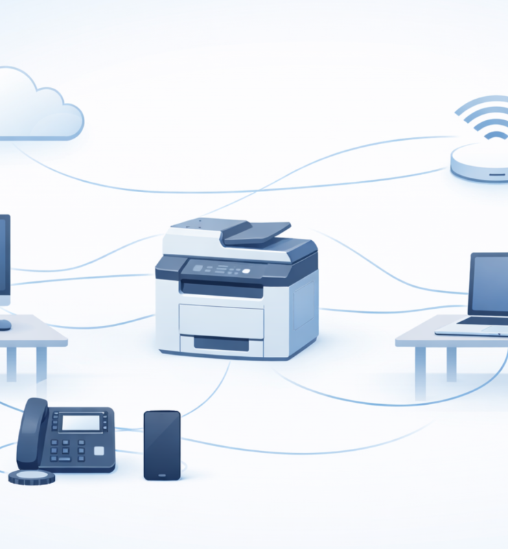 Illustration of a modern office network design with computers, printer, phones, Wi-Fi, and cloud applications connected in a simple workspace.