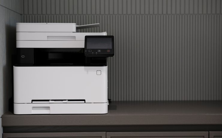 Desktop printer sitting on a desk.