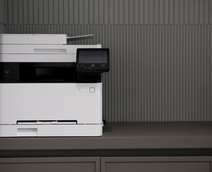 Desktop printer sitting on a desk.