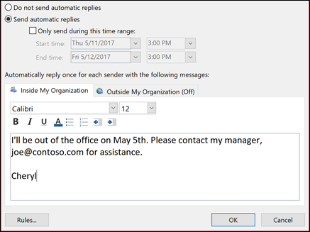 Microsoft Out of office email example